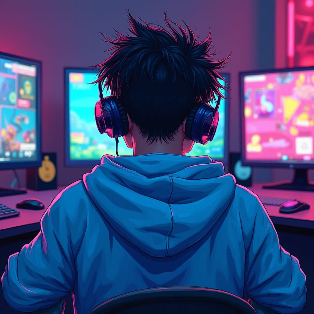 Vibrant Anime Gamer in Neon-Lit Futuristic Lair