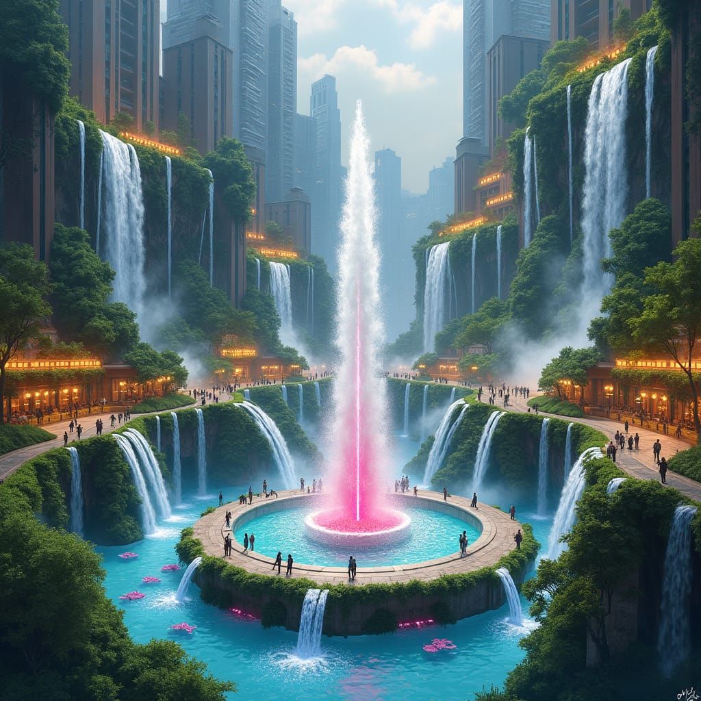 Lush Cityscape with Interconnected Waterfalls as Watercolor