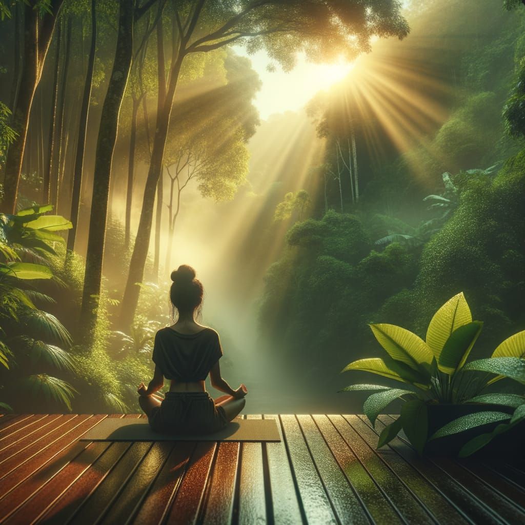 Woman Meditating at Sunrise in Forest