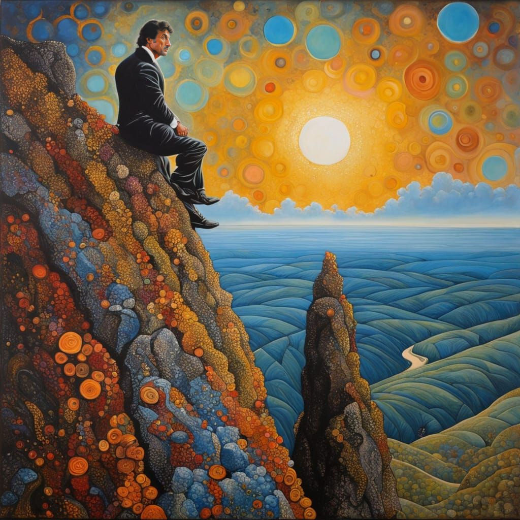 Sylvester Stallone Climbing Cliff in High Contrast Surrealis...