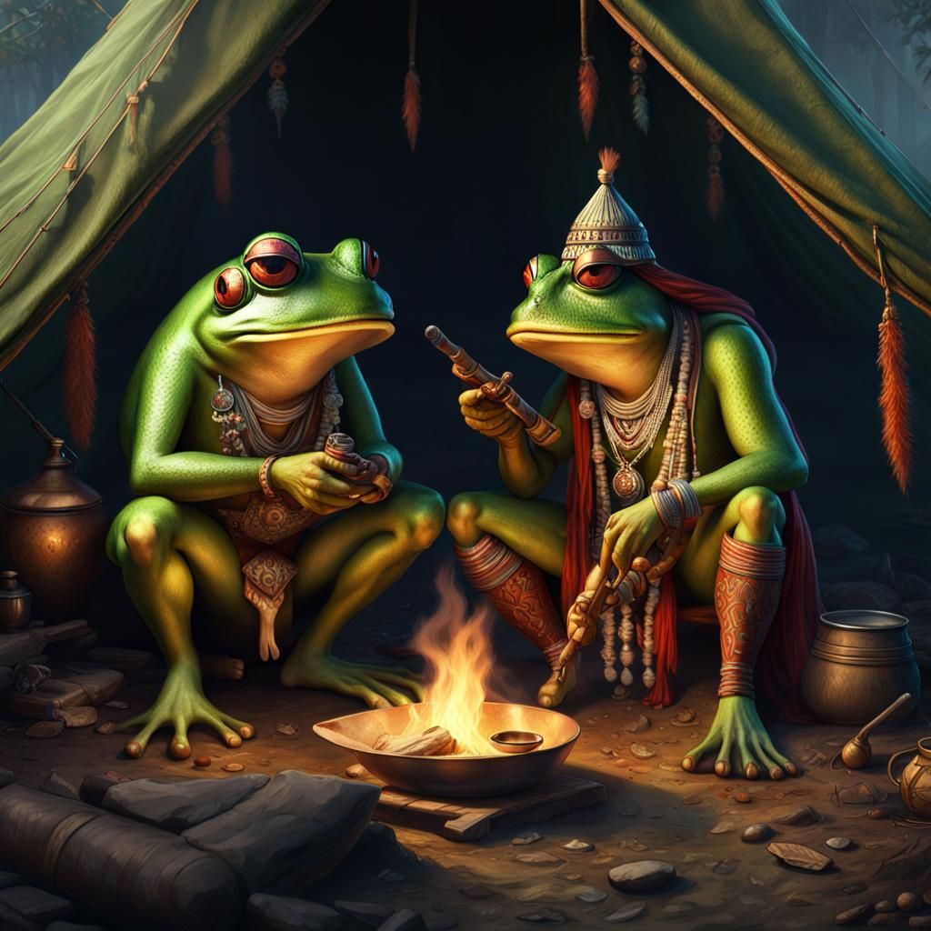 Frog and Native American Share Tent, Dark Fantasy