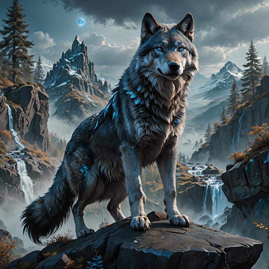 Blue-Grey She-Wolf on a Rock: Fantasy Concept Art