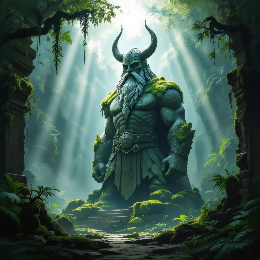 Ancient Granite Viking Guards Overgrown Jungle Temple