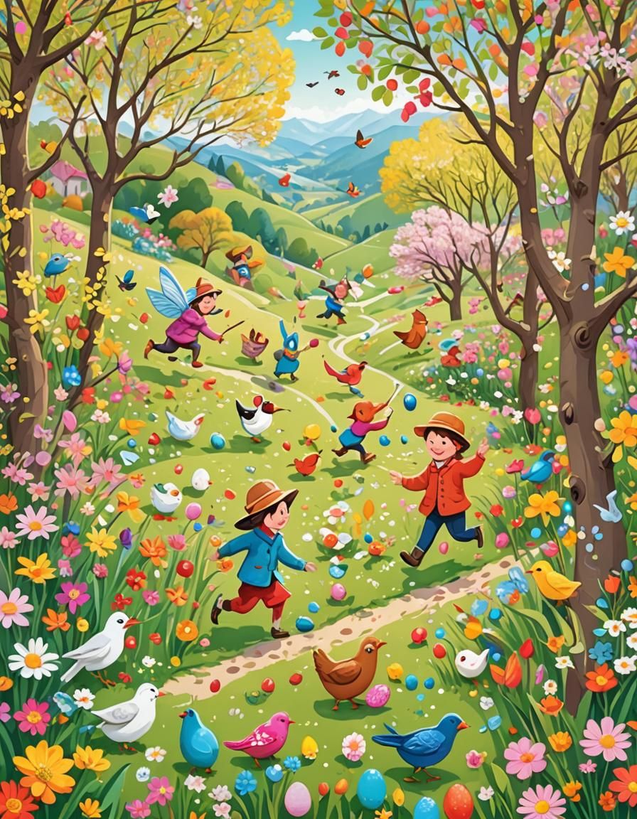 Joyful Egg Hunt in Whimsical Spring Landscape