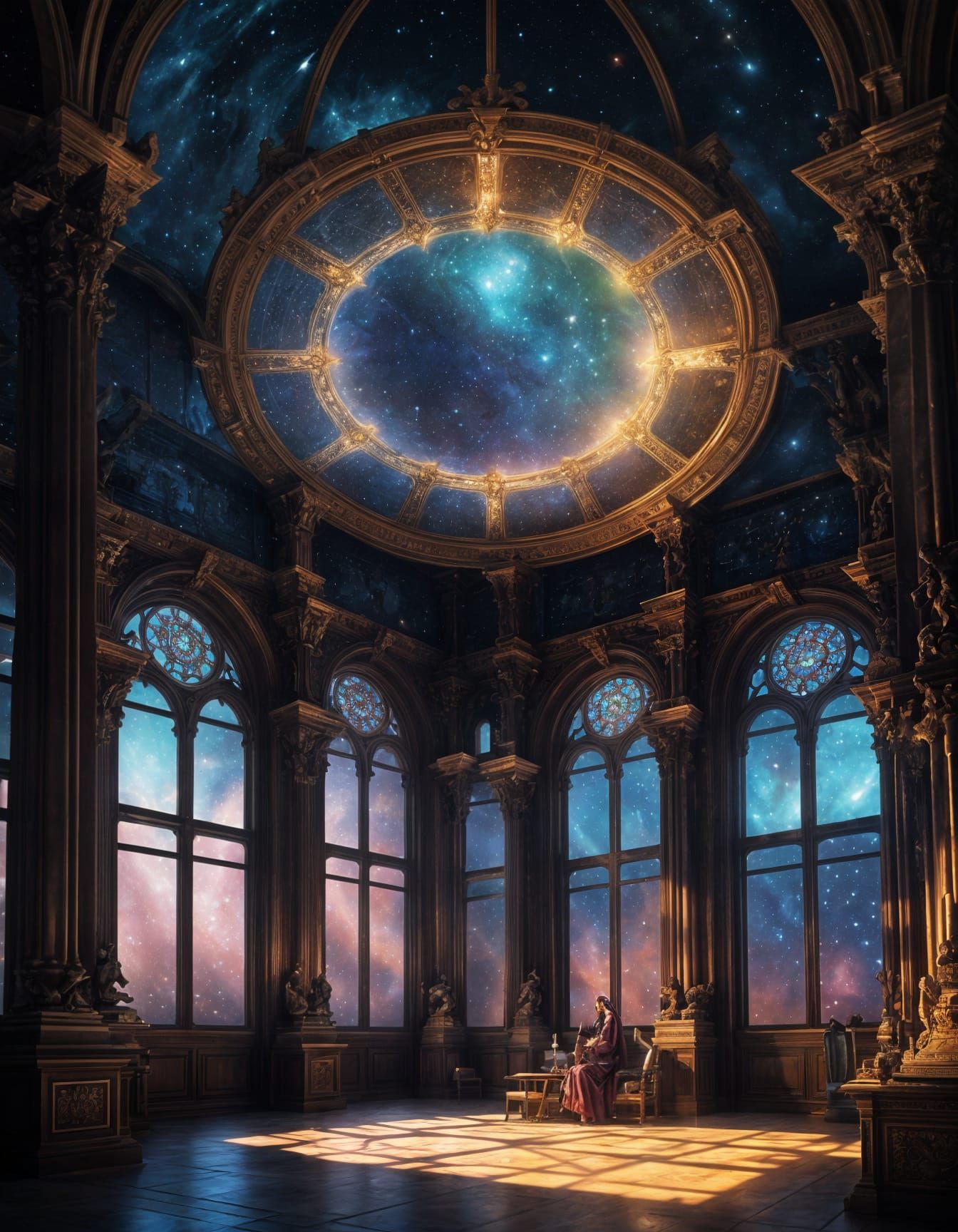 Celestial Librarian in Galaxy Library: Art Nouveau Style