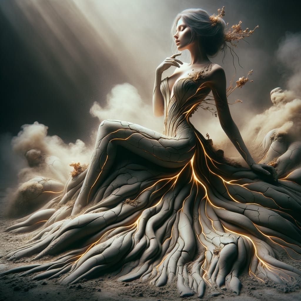 Ethereal Clay Woman in Mystical Mist