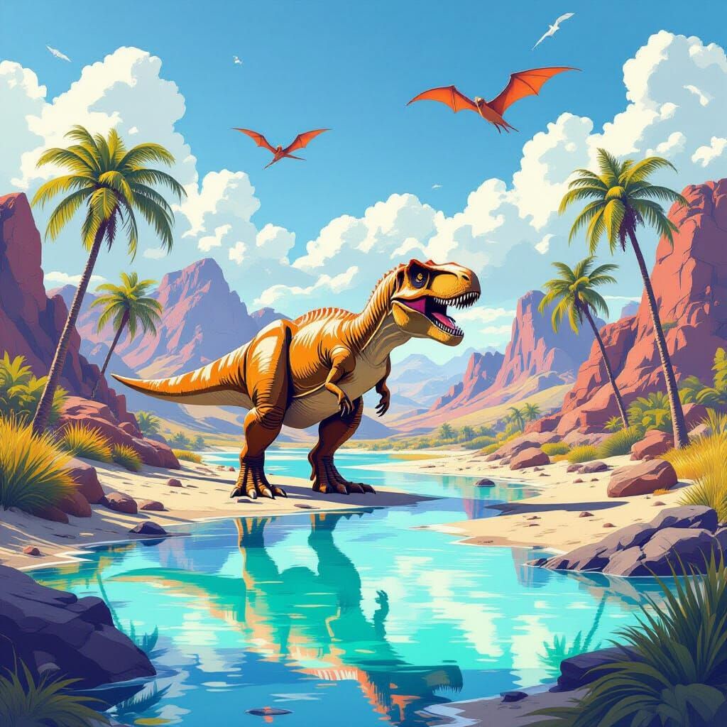 Stylized T-Rex in Prehistoric Valley, Digital Art