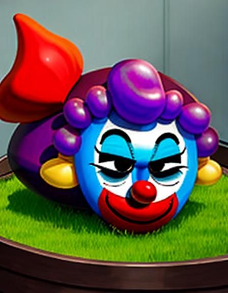 Giant Cartoon Plum on Clown in Morgue