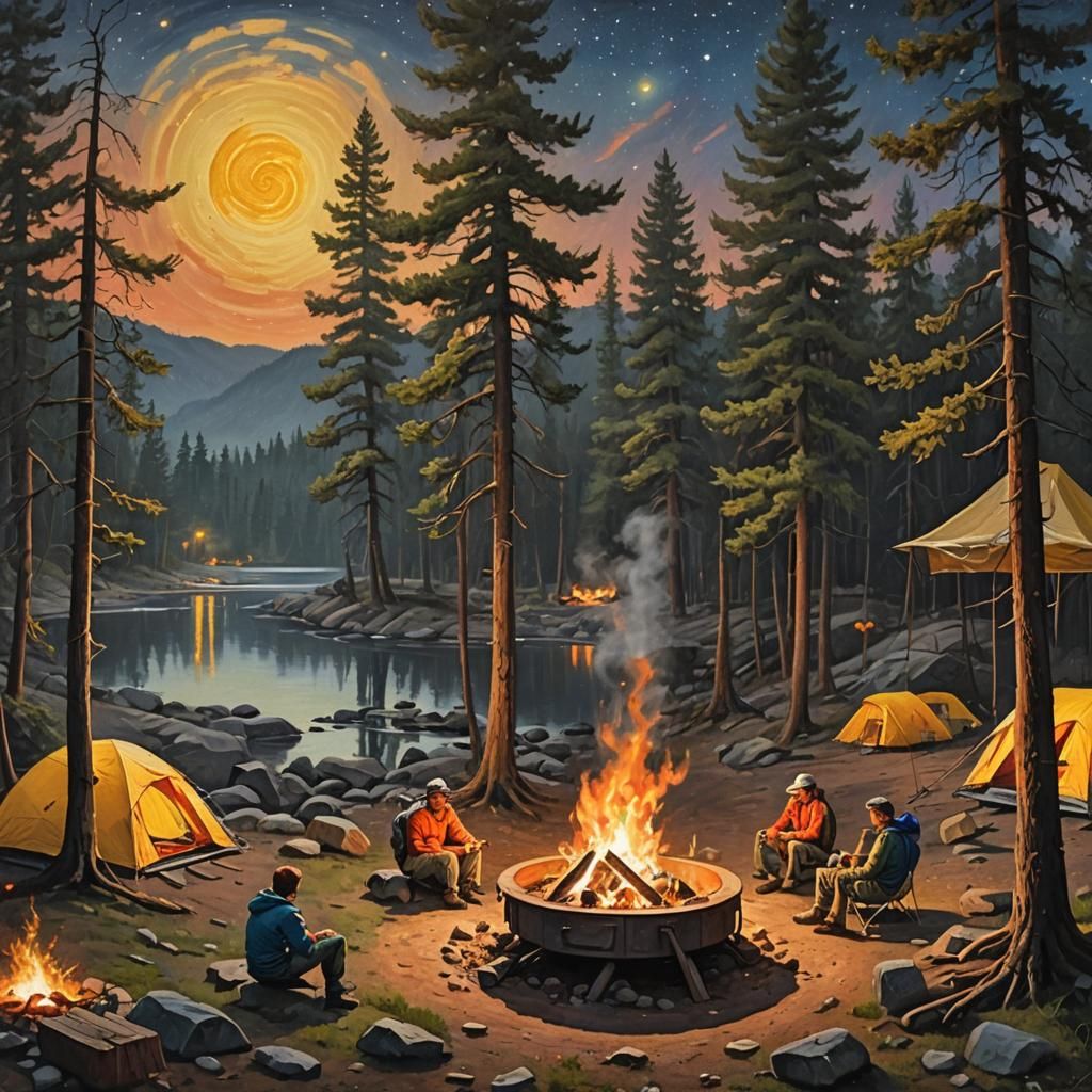 Riverside Campfire Scene in Oil Painting Style