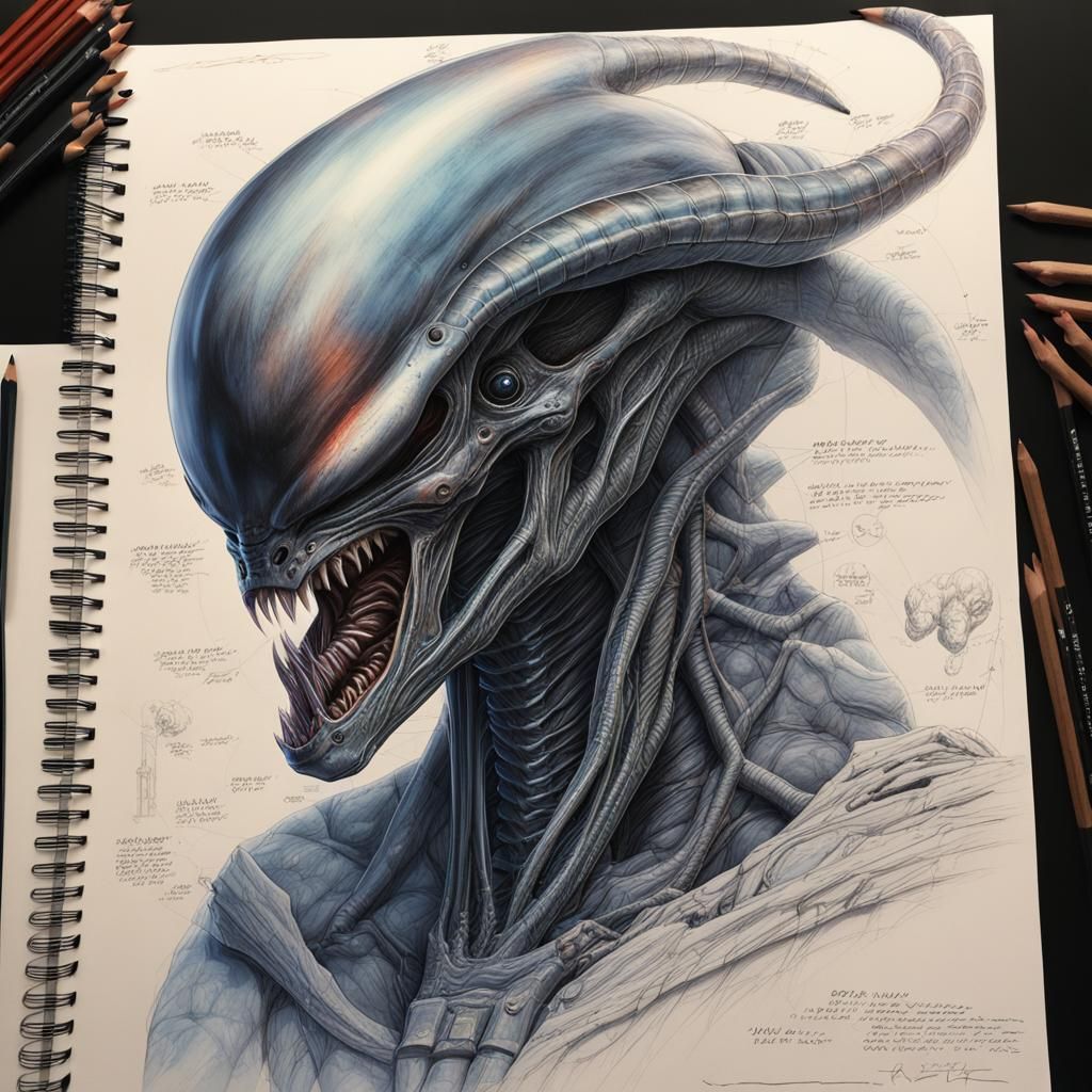 Monstrous Xenomorph Blueprint in Graphic Novel Style