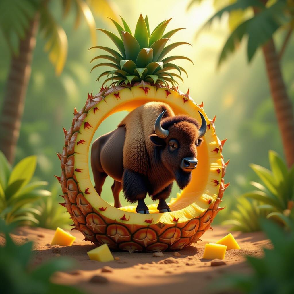 Bison Inside Ripe Pineapple, Surreal Pixar Animation Style