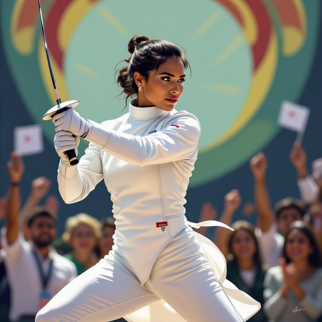 Elegant Fencer Poised to Strike, Art Nouveau Style