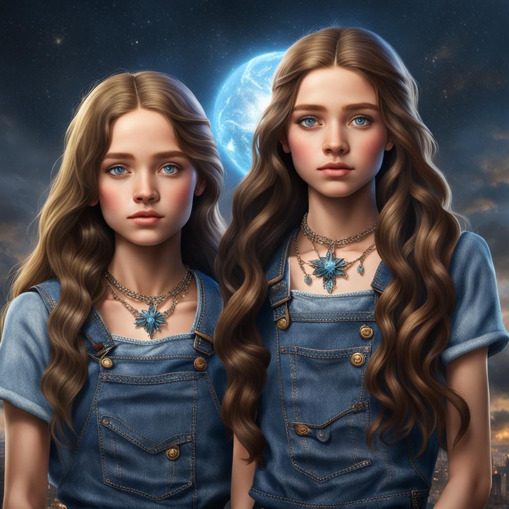 Magical Twins with Denim Clothing and Sun Necklaces