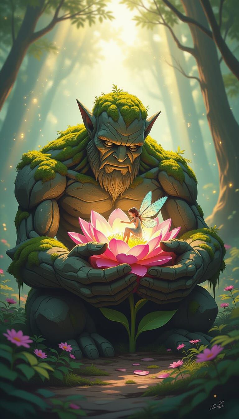 Stone Golem Cradles Wounded Fairy in Enchanted Forest