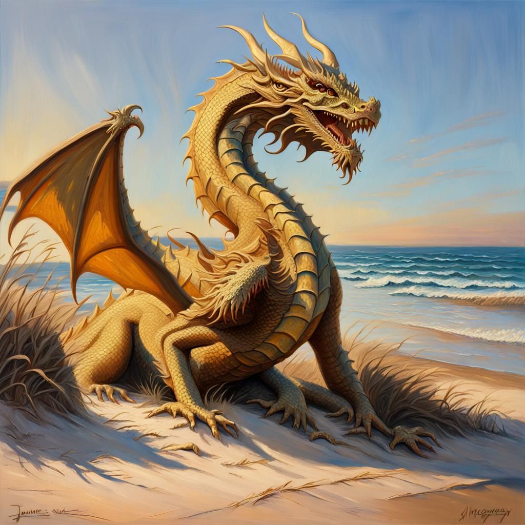 Dragon Sand Statue in Impressionist Oil Painting