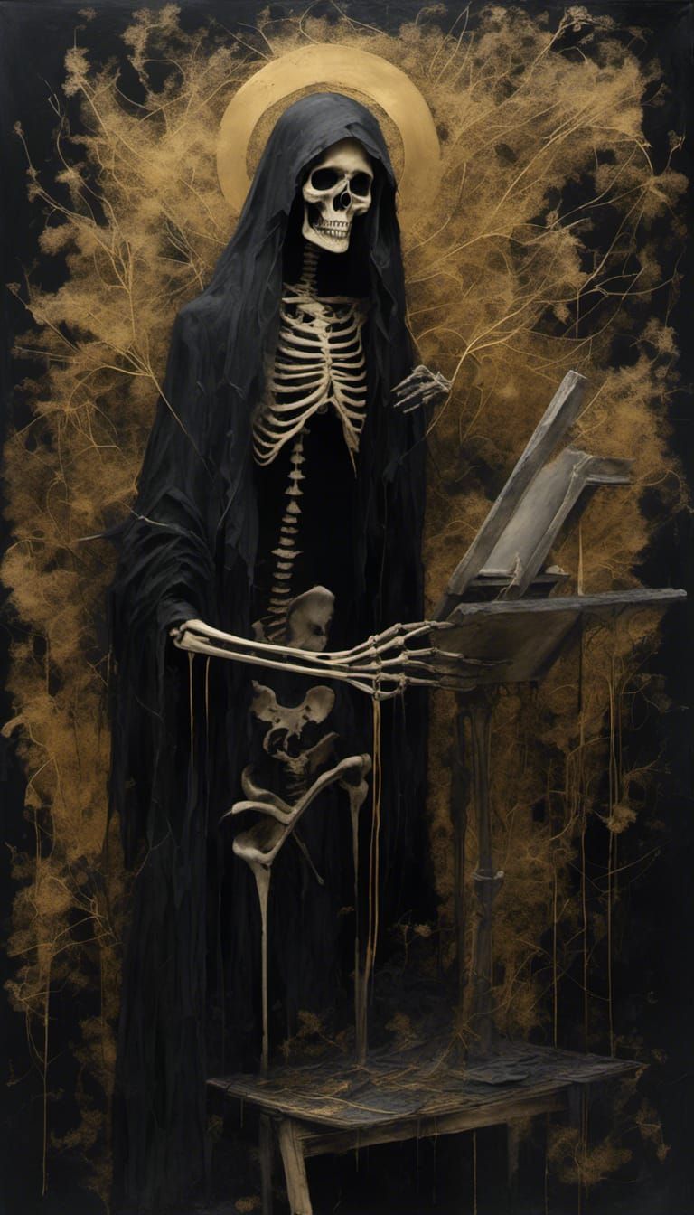 Black Santa Muerte Painting with Golden Highlights