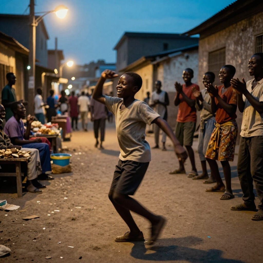 Joyful Boy Dancing in Evening Slum Streets