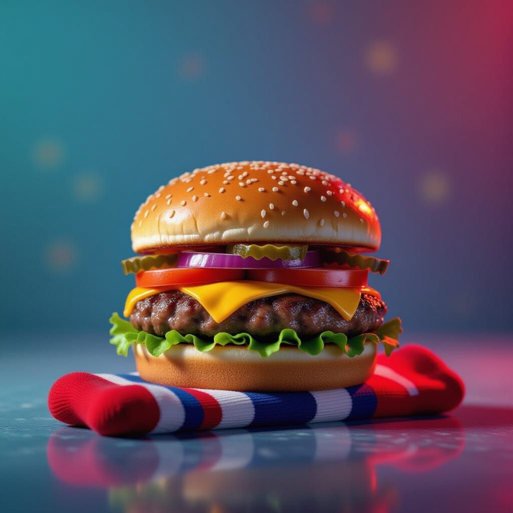 Hyperrealistic Burger on a Sock with Dramatic Lighting