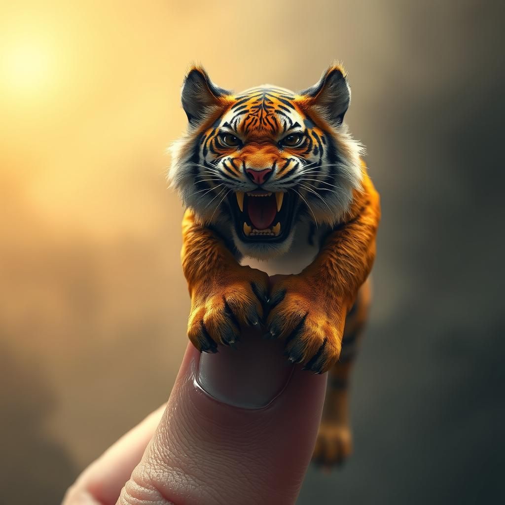 Miniature Tiger Roars on Giant Finger