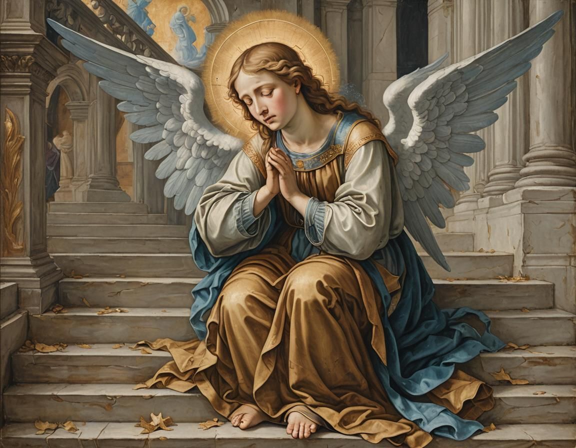 Angel Crying on Staircase in Renaissance Style