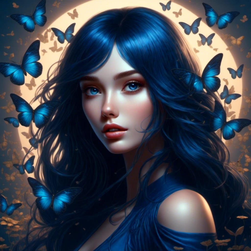 a gorgeous young woman with dark blue hair and butterflies flying around her. <lora:Gridrunners v1:1.0>