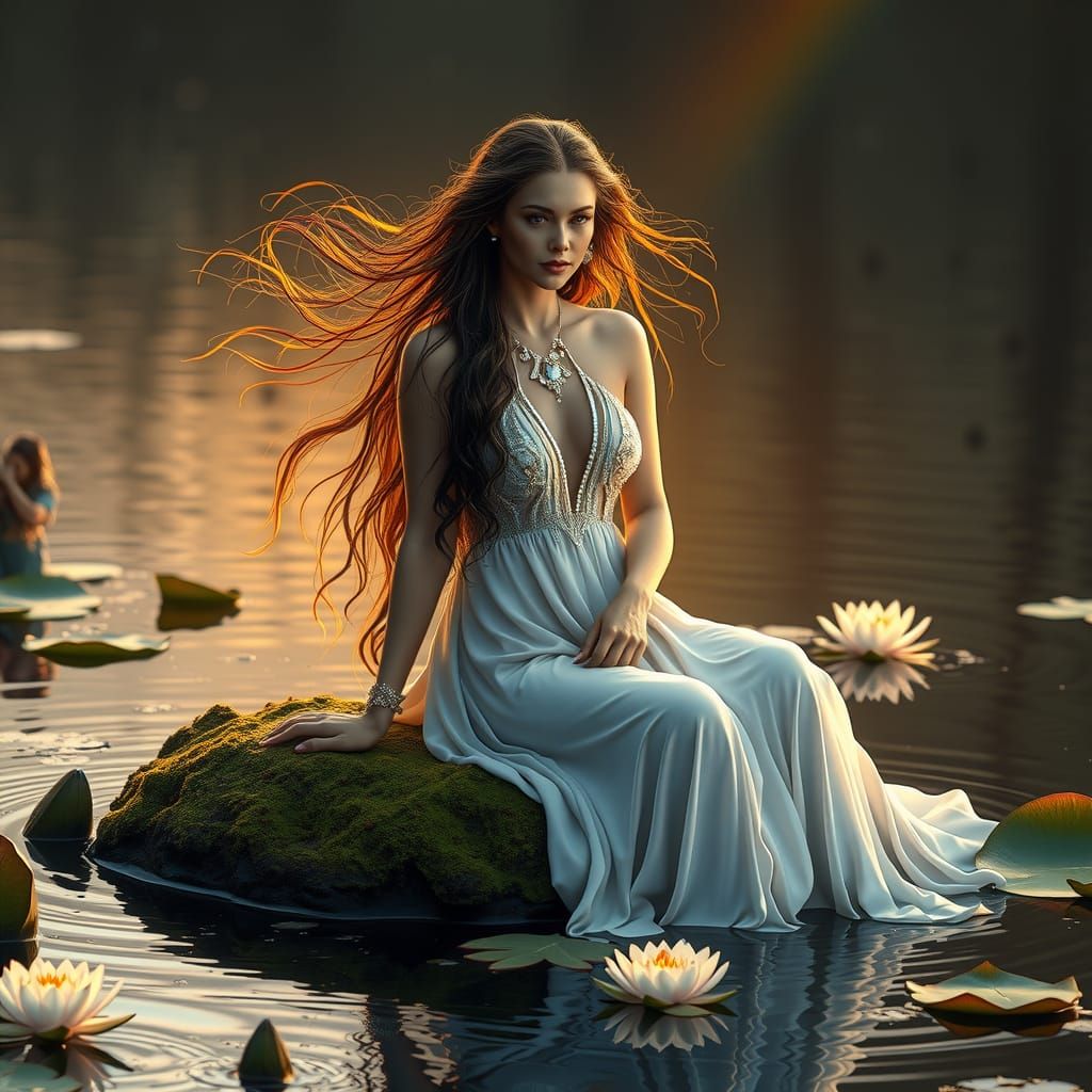 Lake Goddess Tarot Card in Surreal 3D Style