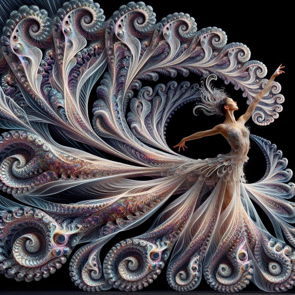 Elegant Dancer in Iridescent Fractal Attire