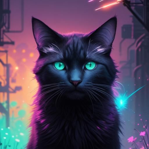 Neon Cat Pollinating Glowing Flowers: Digital Art