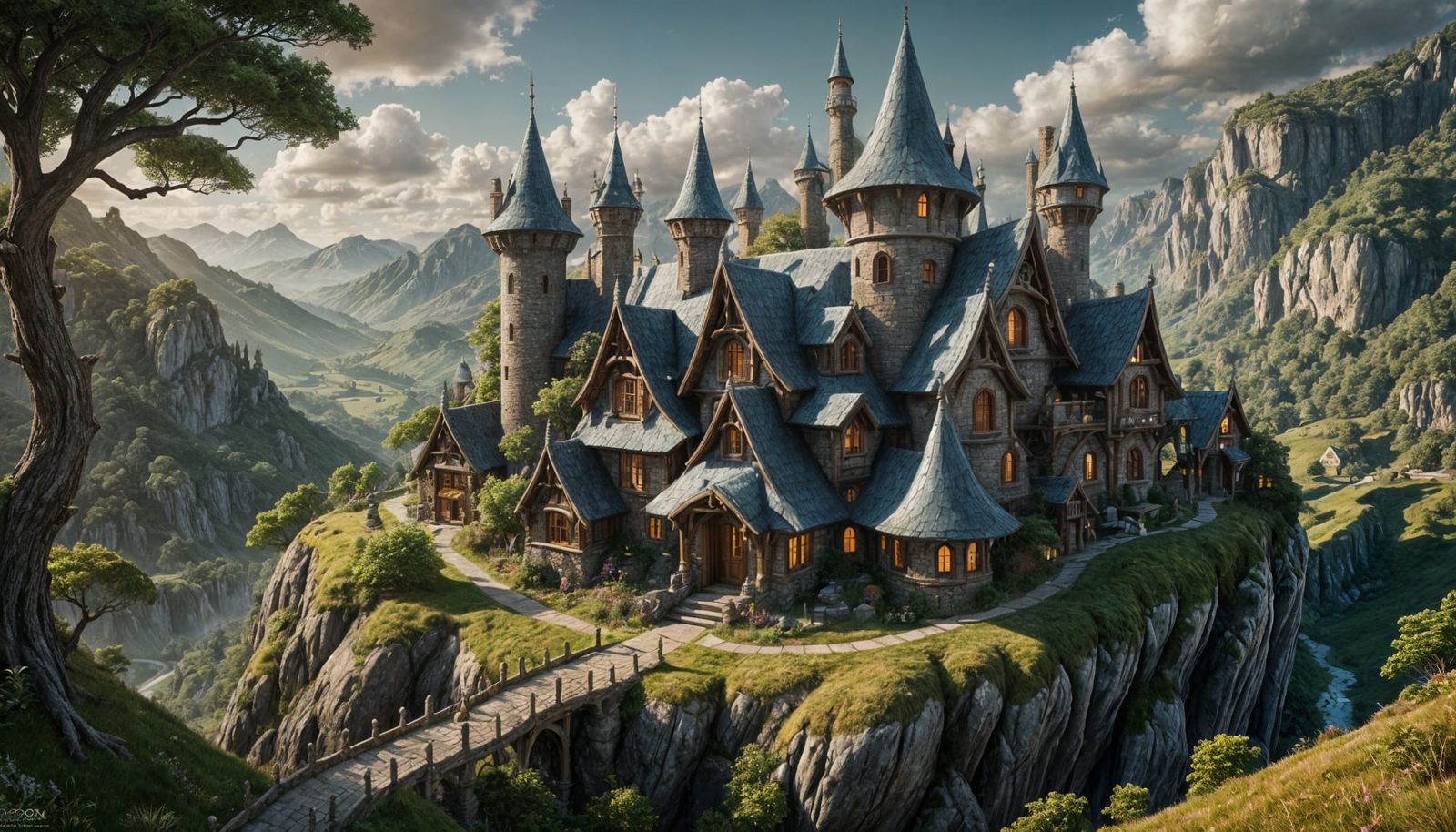 Whimsical Elvish Cottage on Mountaintop Fantasy Art