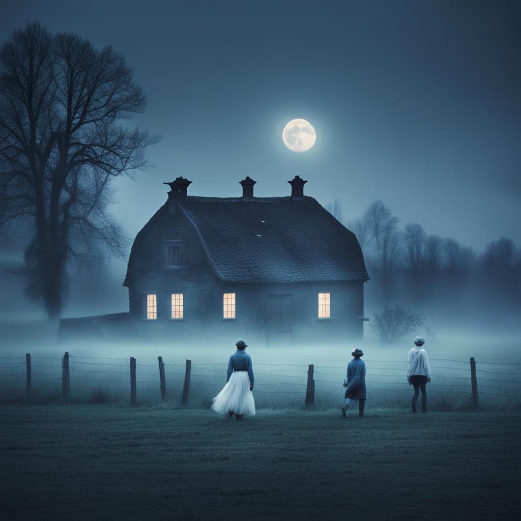 Ethereal Farmhouse Landscape Under Full Moon