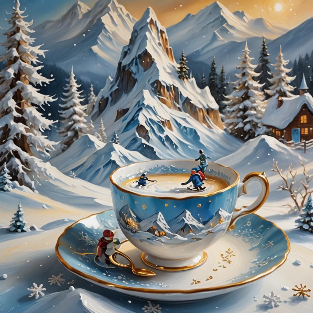 Teacup Snowy Mountain Scene as Oil Painting