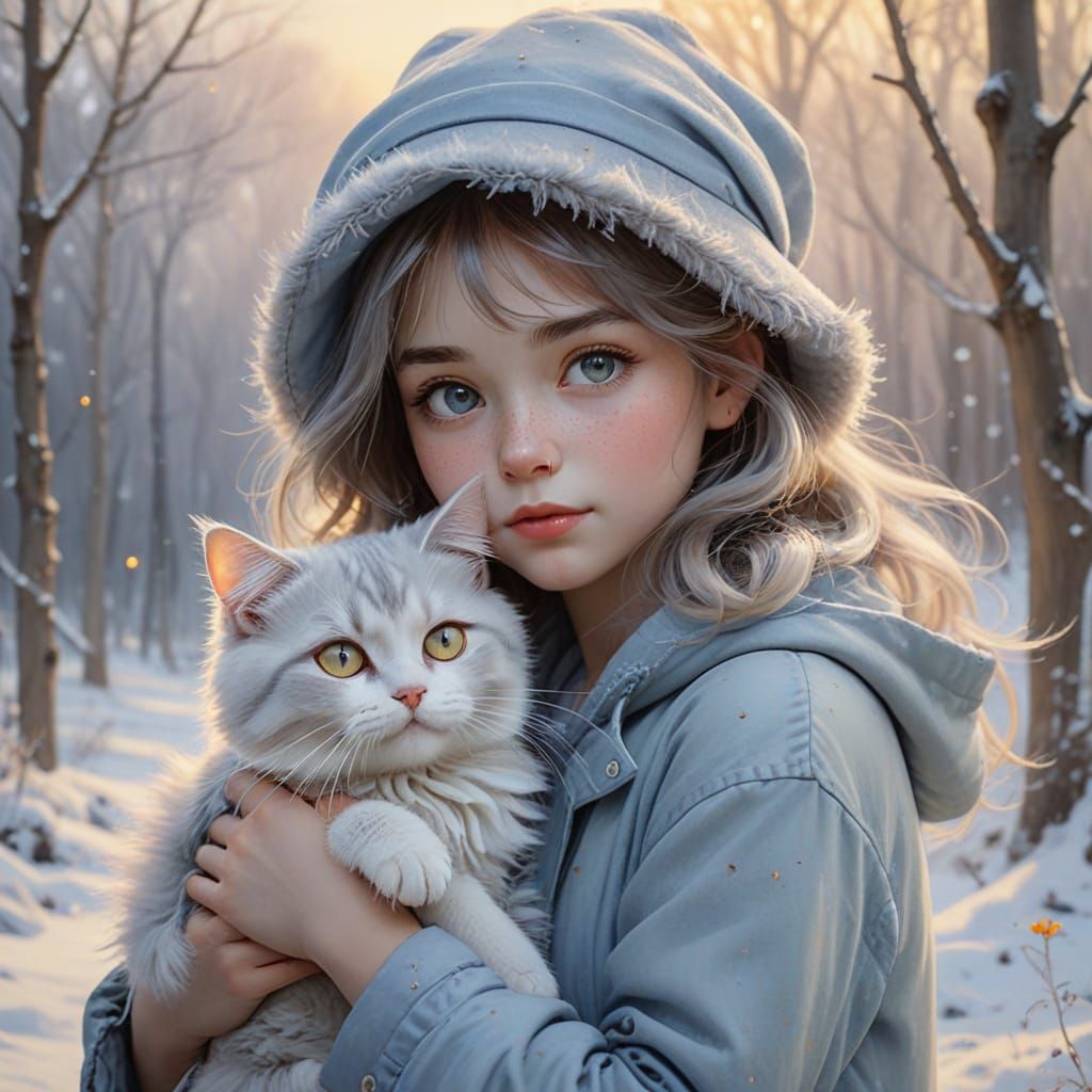 Delicate Watercolor Portrait of a Girl Hugging Her Cat