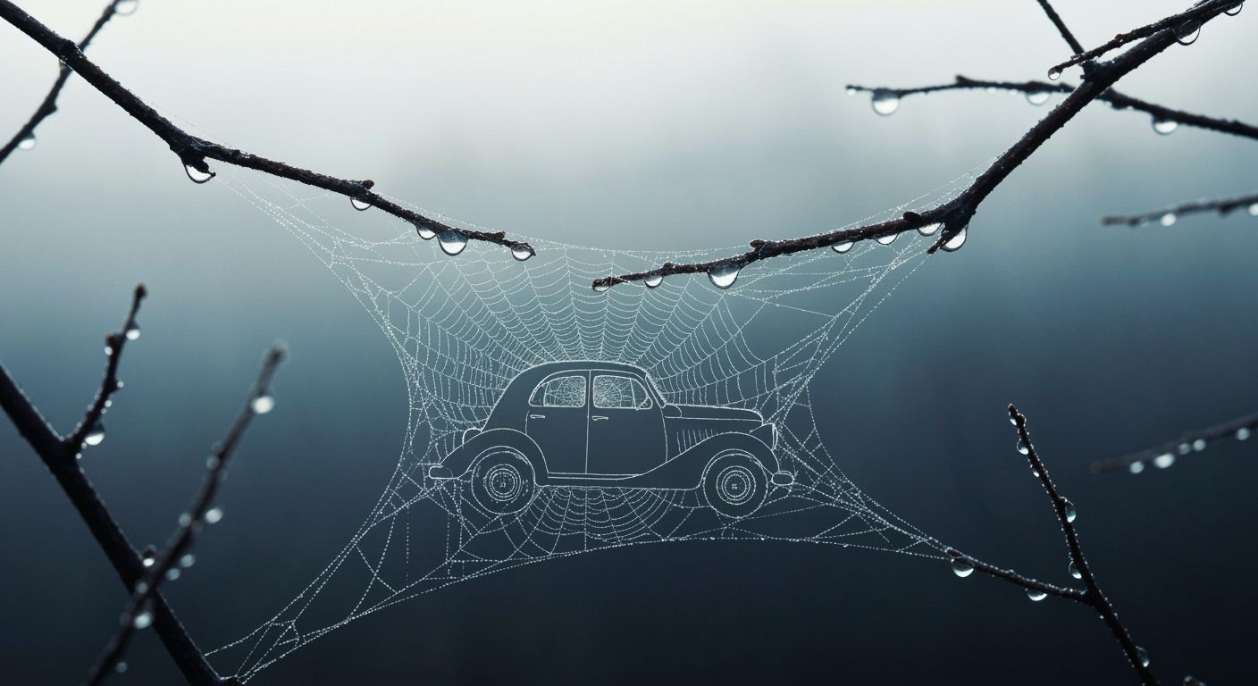 Spider Web Artfully Shaped Like a Vintage Car