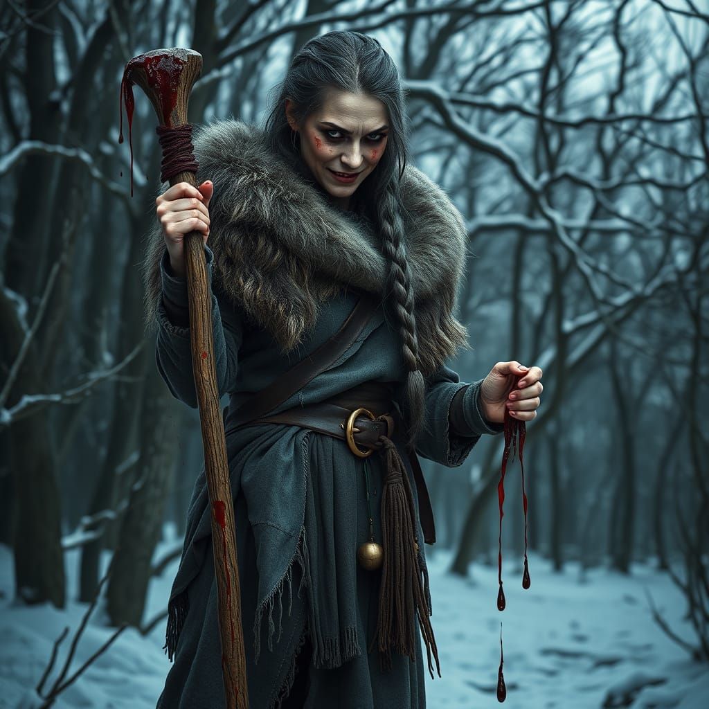 Mad Warrior Woman in Dark Winter Forest