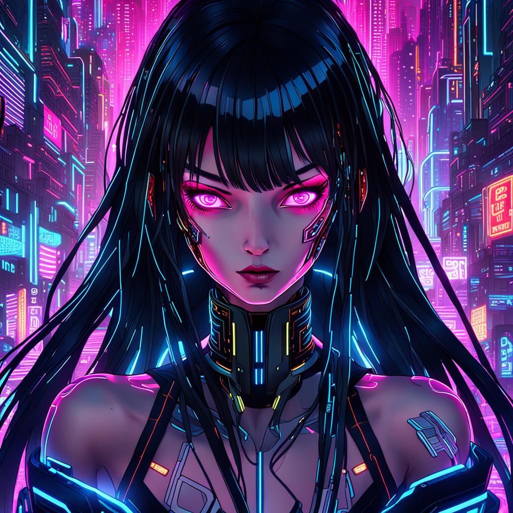 Cyberpunk Anime Beauty in Neon Noir Cityscape