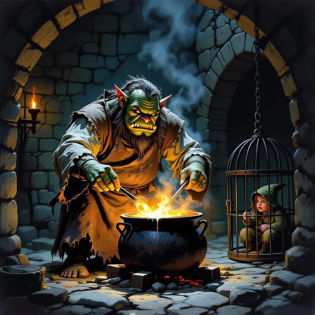 Ogre Cooking in Dungeon, Fantasy Art Style