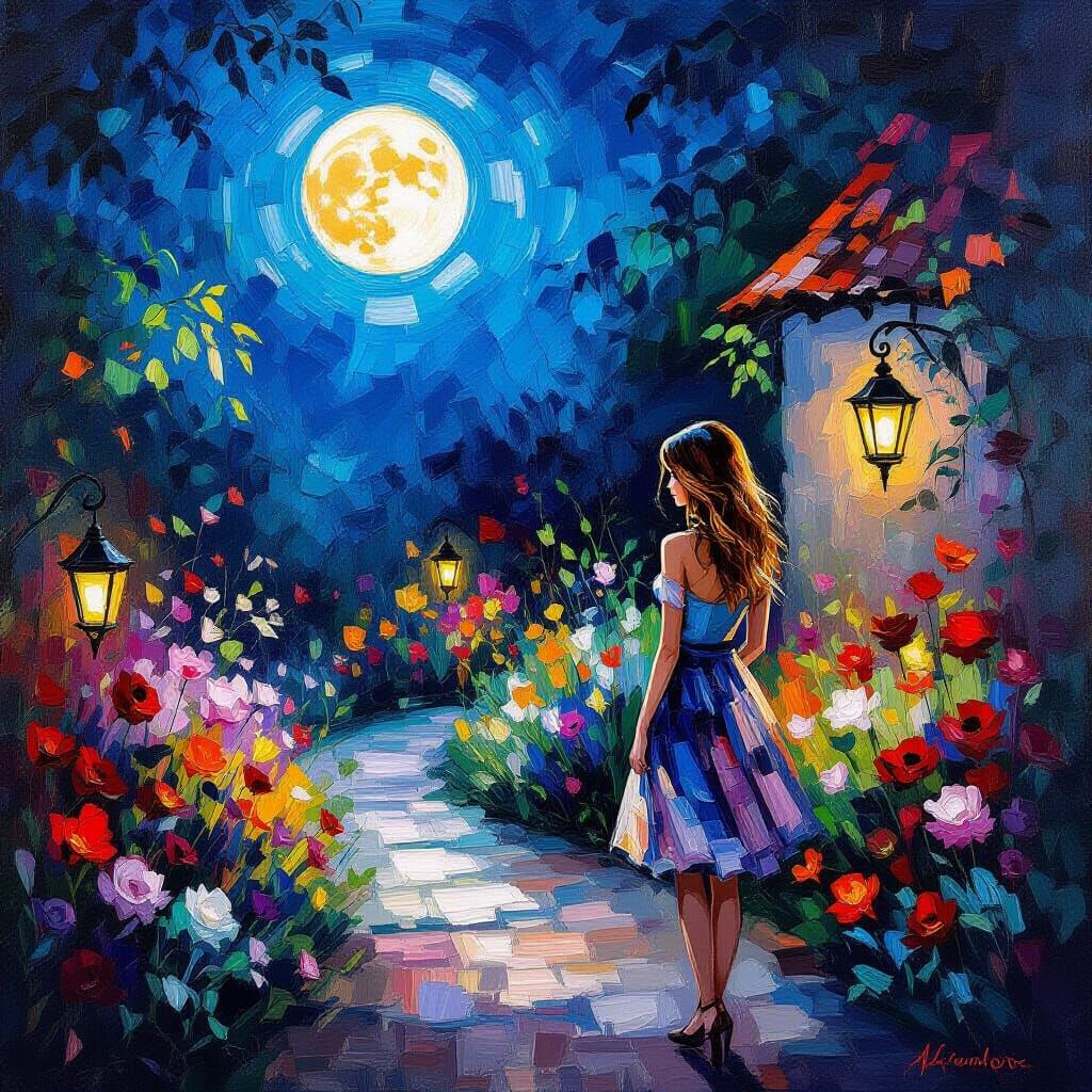 Woman in Secret Garden at Night, Afremov Style