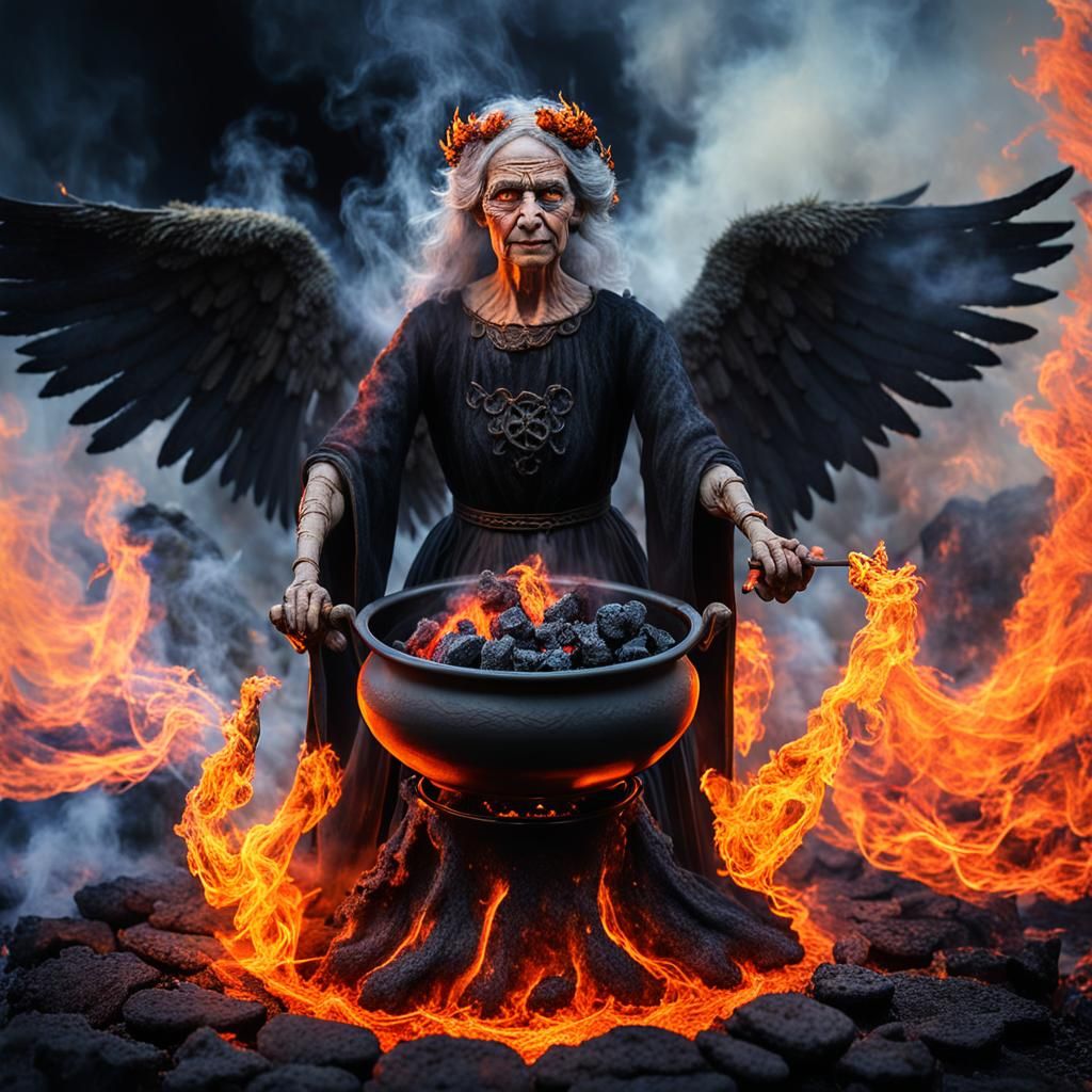 Ancient Hag Witch Conjures Lava Fire Angel