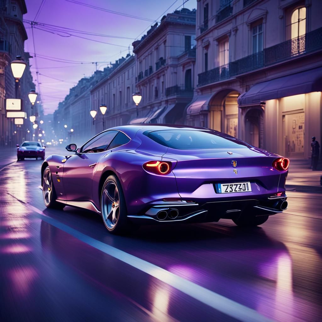 Ferrari Roma in a Futuristic Purple Cityscape