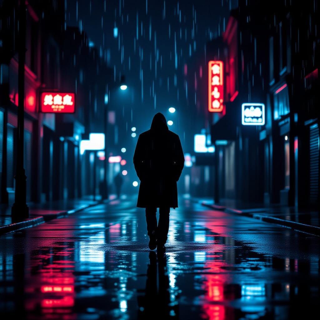 Man Walks Alone in Rainy Neon City Street