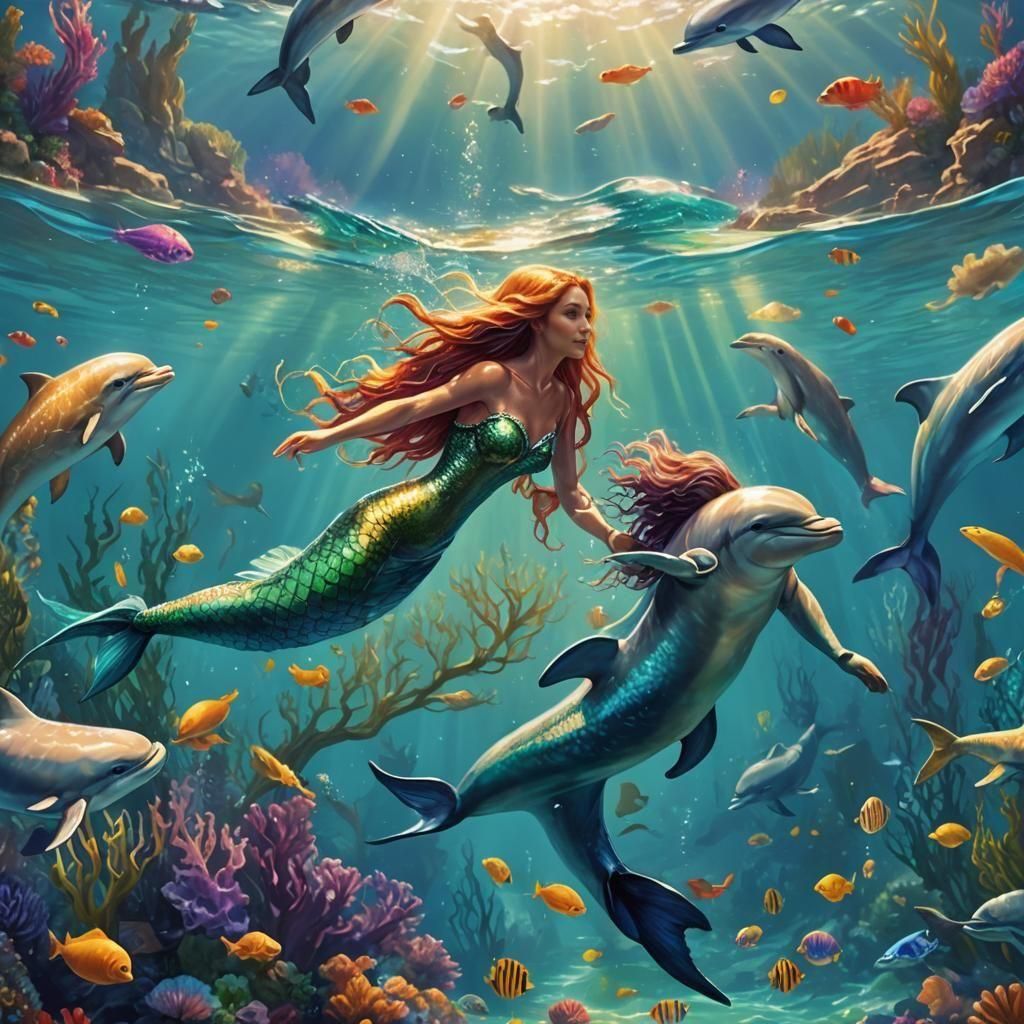 Merman and Mermaid Swim in Mediterranean Sea