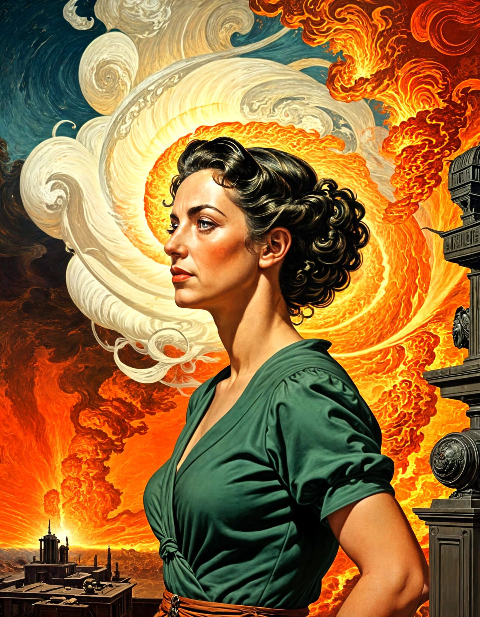 Surreal Greek Lady Contemplates Life, Art Nouveau Style