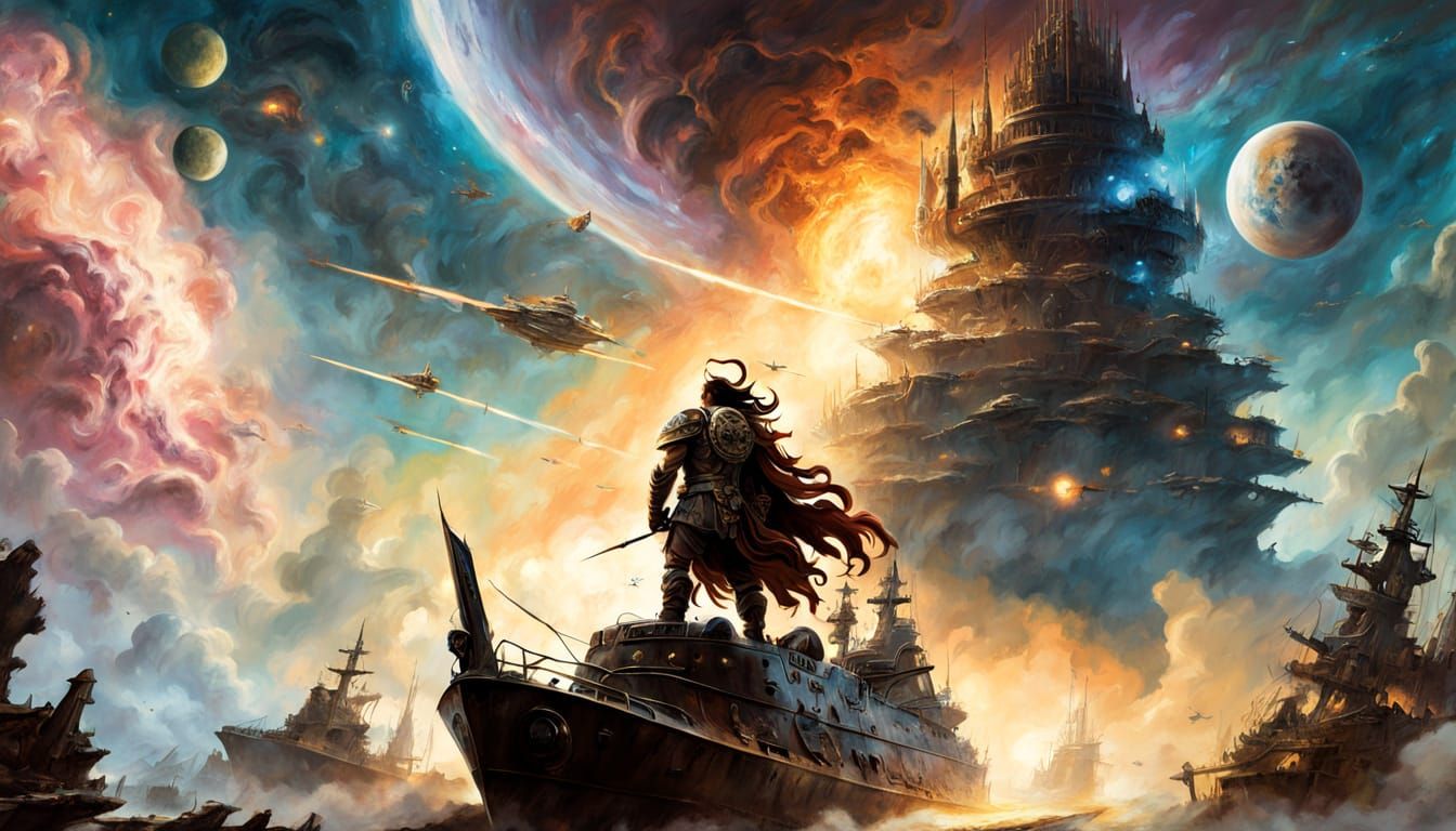 Barbarian Warrior on Space Battlecruiser in Frazetta Style