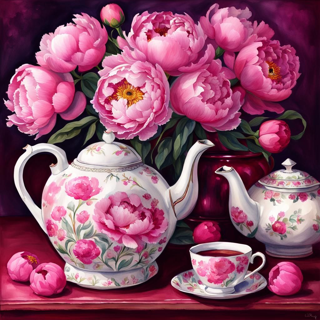 Elegant Still Life with Teapot and Peonies