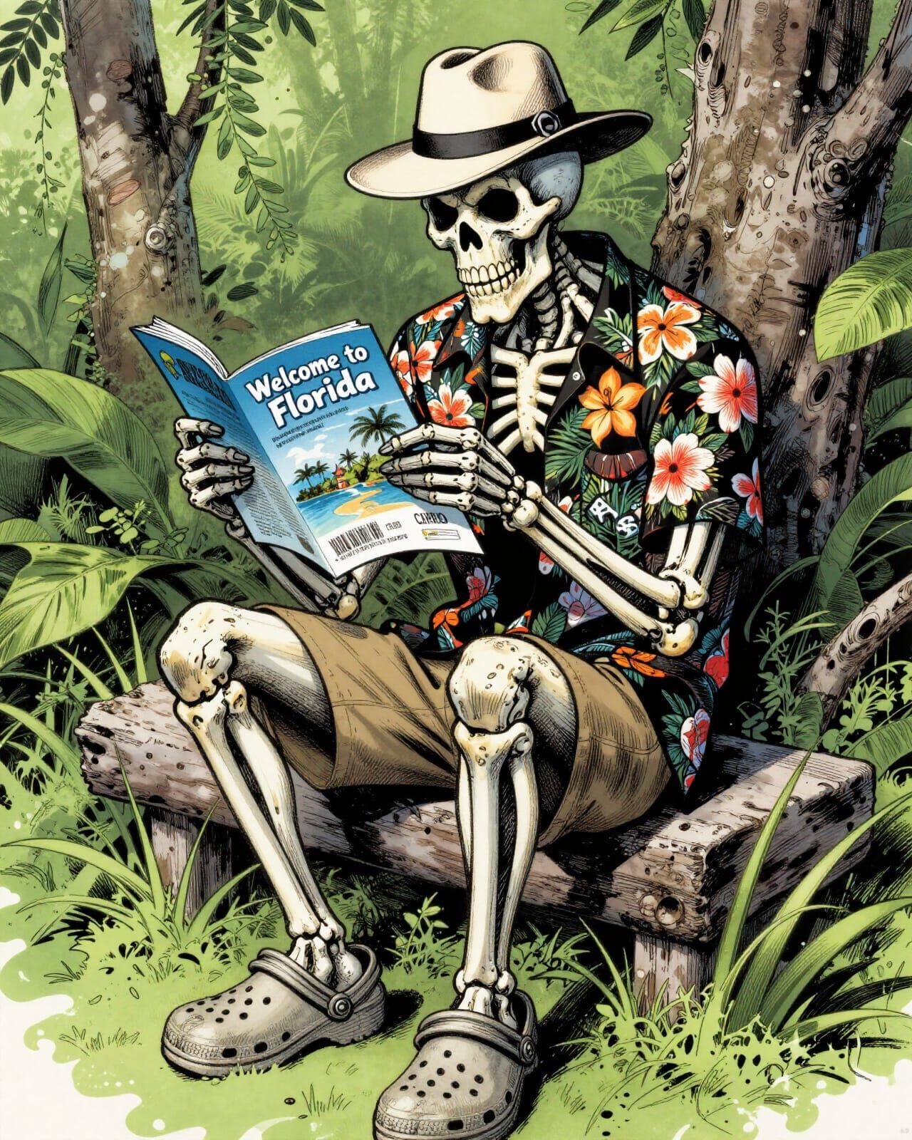 Skeletal Lich in Hawaiian Shirt Reads Florida Brochure