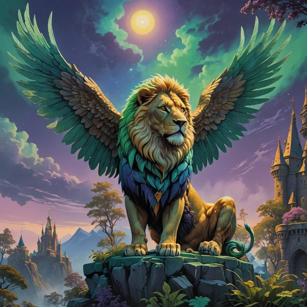 Majestic Winged Lion Soaring in Auroral Sky