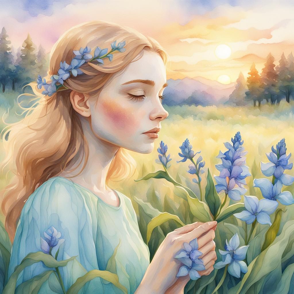 Girl Smelling Flowers: Digital Watercolor Art Nouveau