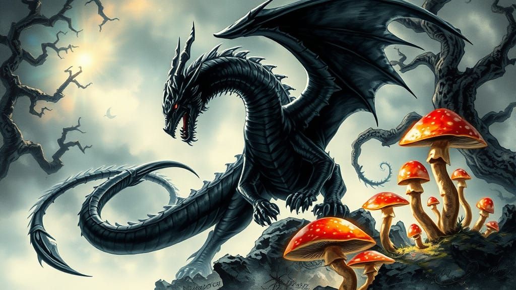 Majestic Black Dragon in Fantastical Landscape