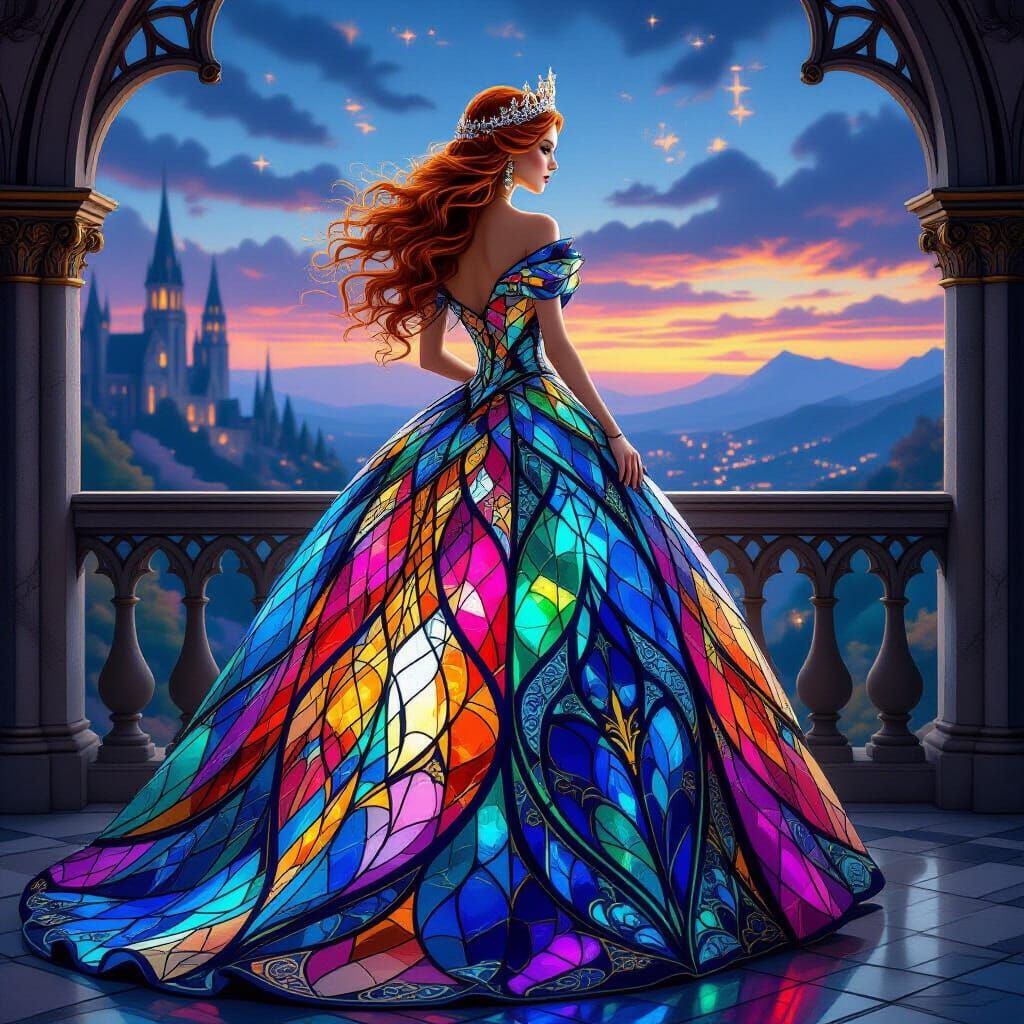 Regal Queen in Shimmering Stained Glass Gown