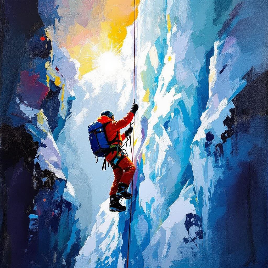 Climber Ascends Ice Wall in Abstract Expressionist Style